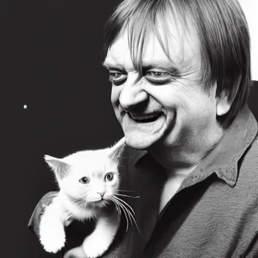 Prompt: laughing mark e smith with a cute kitty on his head