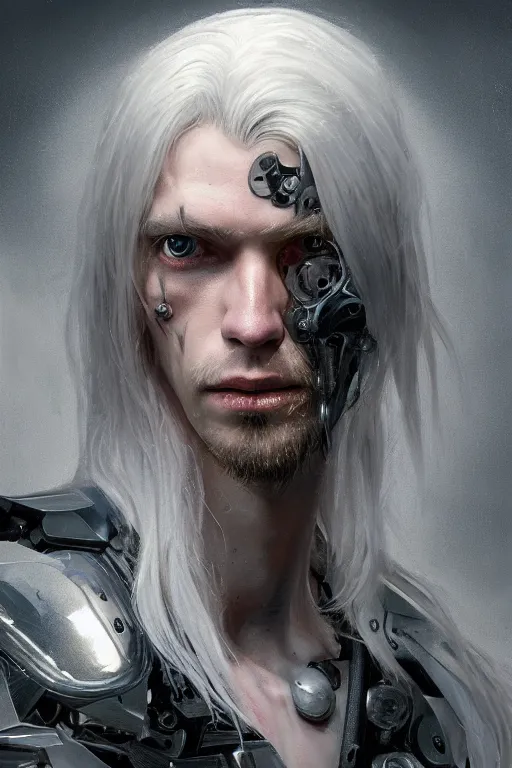 Image similar to a portrait of a toned male cyborg with long white hair and pale skin with joints still visible by greg rutkowski, sung choi, mitchell mohrhauser, maciej kuciara, johnson ting, maxim verehin, peter konig, bloodborne, 8 k photorealistic, cinematic lighting, hd, high details, dramatic, dark atmosphere, trending on artstation