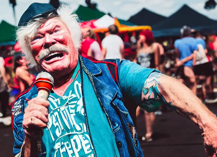 Image similar to photo still of rip taylor at vans warped tour!!!!!!!! at age 6 3 years old 6 3 years of age!!!!!!! throwing bees at a crowd, 8 k, 8 5 mm f 1. 8, studio lighting, rim light, right side key light