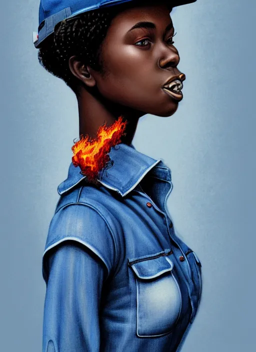 Prompt: full body portrait of young black woman as a firewoman, white t - shirt and blue denim overalls, firemans hat, intricate, beautiful and elegant, highly detailed, digital painting, artstation, concept art, smooth, sharp focus, illustration, art by wlop, mars ravelo and greg rutkowski