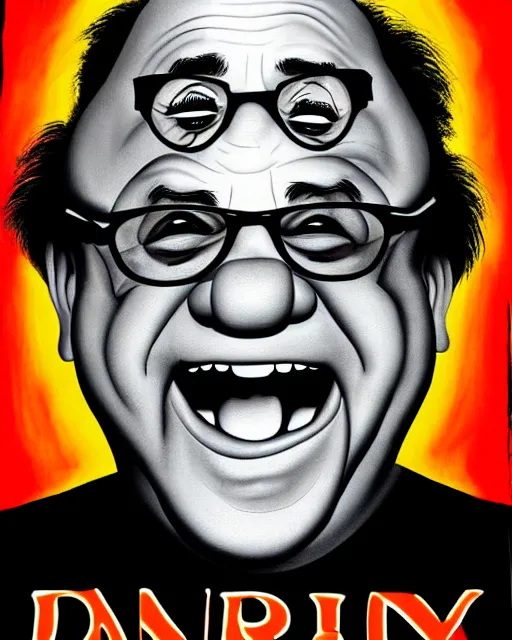 Prompt: painting portrait of danny devito as a rum ham, cartoon, warm lighting, danny devito has a rum ham body, danny devito's face on a rum ham. movie poster, trending on art station