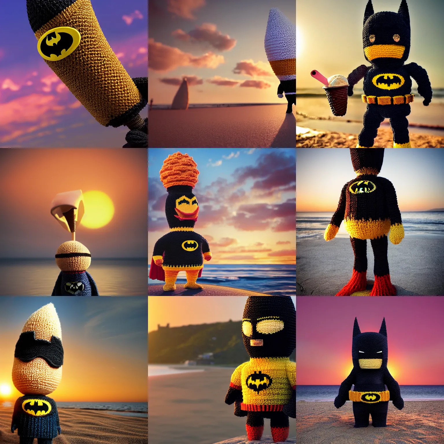 Prompt: a large knitted batman holding a delicious ice cream cone during sunset at the beach Trending on artstation, featured on Behance, well-rendered, Unreal Engine, 4K HD