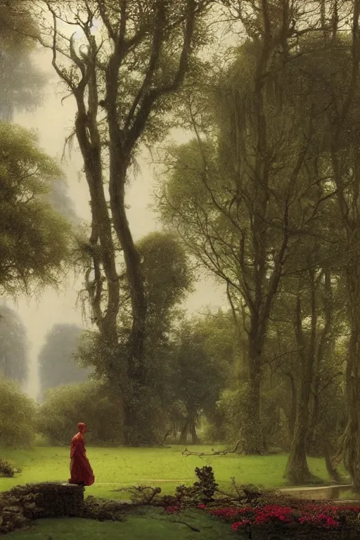 Image similar to zeus walks in dark gardens beside a small pond, misty, stately home visible in distance through trees, ruan jia, lawrence alma tadema, zdzislaw beksinski, carl spitzweg, everett raymond kinstler, norman rockwell