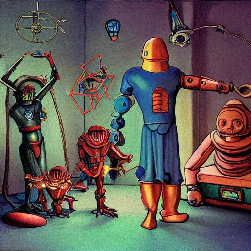 Image similar to medieval extraterrestrial villagers pointing to broken non - functioning robot sitting on floor in corner of room, colorful, dramatic lighting, illustration, fantastic planet, ron cobb, mike mignogna, jim henson creature shop, science fiction, detailed painting, high detail, coherent, rough paper