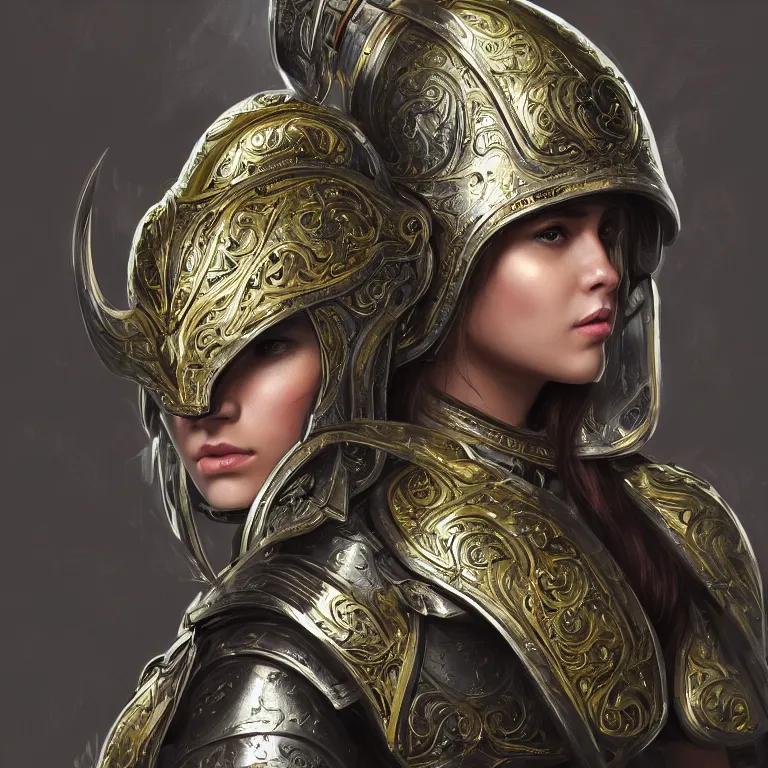 Image similar to a portrait of an attractive young female, ornate metallic helmet, clothed in battle armor, olive skin, long dark hair, beautiful bone structure, symmetrical facial features, intricate, elegant, highly detailed, digital painting, trending on Artstation, concept art, smooth, sharp focus, illustration, in the style of artgerm and greg rutkowski and alphonse mucha