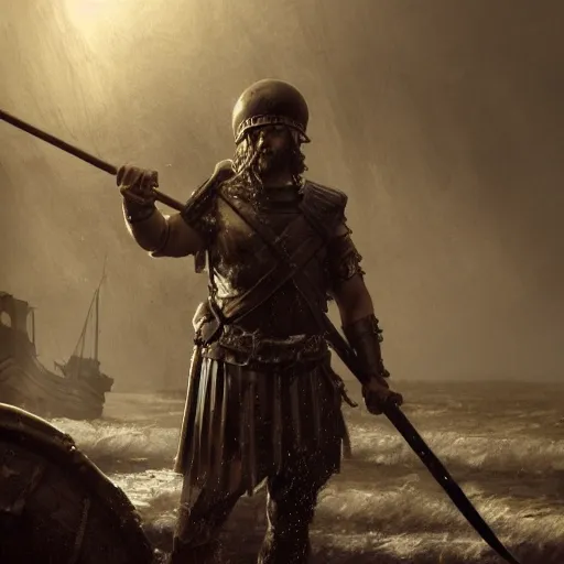 Image similar to a wet roman soldier, holding a sword, on a foggy beach, roughs seas as wreckage of a roman naval ship is wrapped in eldritch tentacles and eels, epic fantasy. highly detailed, dramatic lighting, octane render, 8 k concept art, matte painting, cinematic lighting