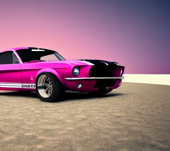 Prompt: shot of 1967 Ford mustang Shelby GT500 in pink color at sunset in front a beach, 3d render