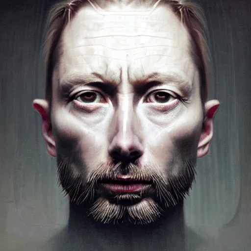 Image similar to hyper realistic portrait of smooth old thom yorke hairless, variations singer songwriter ok computer, ( side ) profile, liminal space, by lee bermejo, alphonse mucha and greg rutkowski, no beard, smooth face