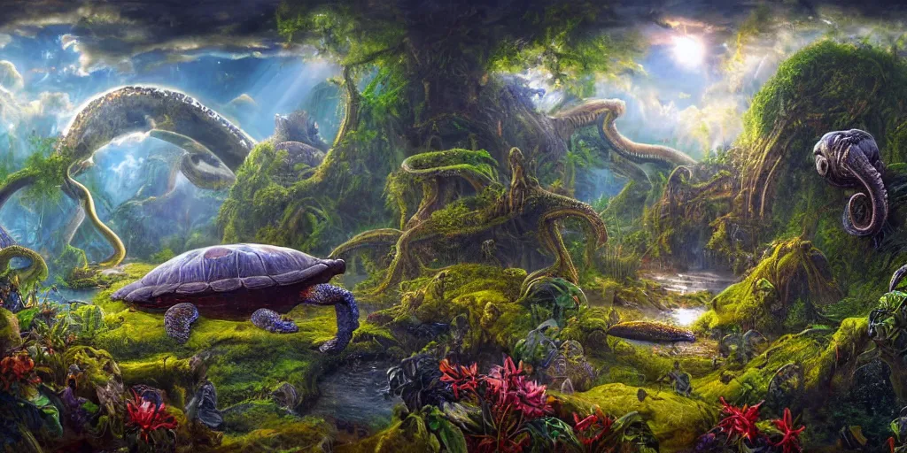 Image similar to fantasy oil painting, alien spacecraft, outer worlds, great leviathan, turtle cephalopod terrapin reptilian pachyderm amphibian hybrid, rainforest mountains, lush plants flowers, epic natural light, bright clouds, luminous sky, bright cinematic key lighting, michael cheval, michael whelan, vray, 8 k hd