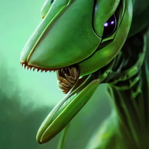 Image similar to mid - shot portrait of green anthropomorphic mantis religiosa ; hard predatory look ; concept art ; artstation ; 8 k ; wallpapers ; heavy contrast ; cinematic art ; cgsociety ; art by greg rutkowski and artgerm