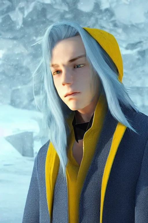 Image similar to a male teenager with long blue hair and yellow eyes wearing a winter overcoat, hyperrealistic, concept art, octane render, unreal engine 5, trending on artstation, high quality, 8 k, highly detailed, digital art, anatomically correct, symmetrical, realistic and defined face, profile picture, high coherence, path traced, beautiful, elegant clothes