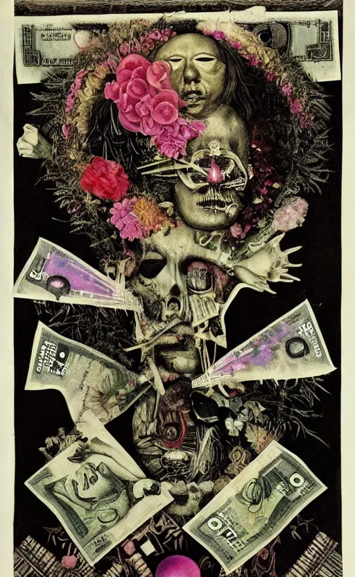 Image similar to post - punk new age album cover, asymmetrical design, dollar bank notes, capitalism, magic, apocalypse, psychedelic, black white pink, magic, giger h. r., giuseppe arcimboldo