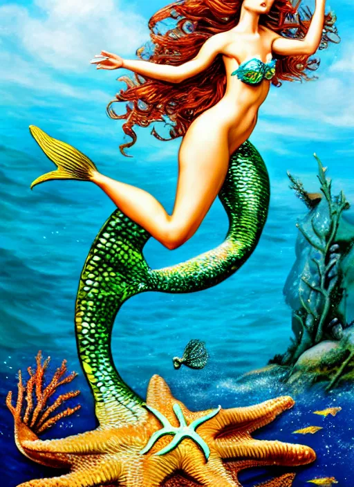 Prompt: mermaid jumping on a starfish, realistic, sharp focus, 8 k high definition, concept art, insanely detailed, intricate, elegant