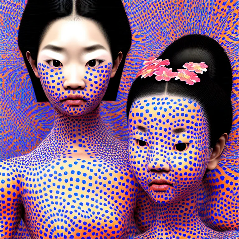 Image similar to hyperrealistic detailed image of a geisha in a art installation room, hd smooth interior by yayoi kusama, part by kei mieno, part by ross tran, dark art by james jean, ultra realistic, highly detailed, life like face, detailed body, 8 k, 3 d render by roger magrini, very cohesive, masterpiece