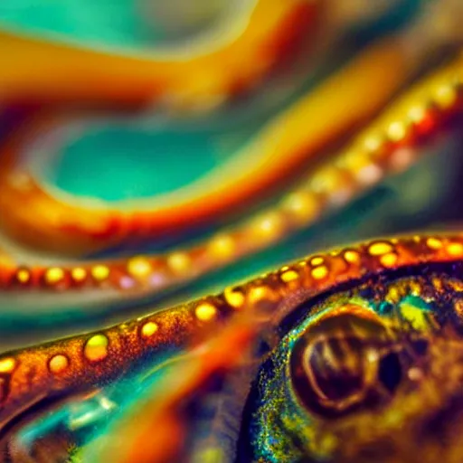 Image similar to fiery whimsical emotional eyes cephalopod, in a photorealistic macro photograph with shallow dof