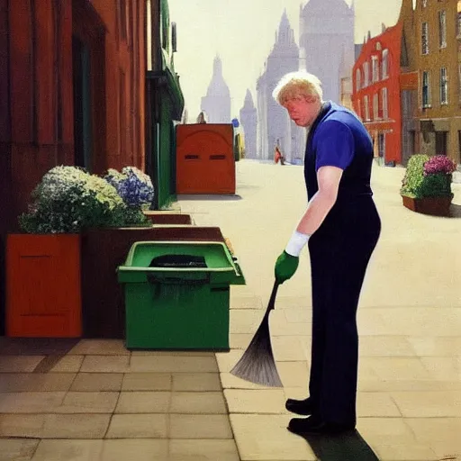 Image similar to A fine art painting of Boris Johnson doing community service in a high vis vest, he is picking litter on a British street. In the style of Edward Hopper and Wes Anderson