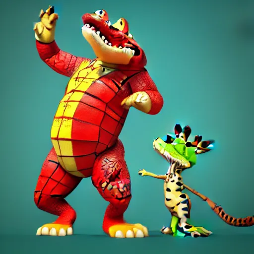 Prompt: in the style of artgerm and disney, 3 d render, anthropomorphic alligator, red scales on his back, yellow scale on his belly and chest, male, waring a hawaiian shirt, in the style of zootopia, hd, 4 k, high definition background