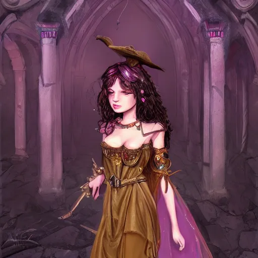Image similar to Beautiful and cunning witch with long dark hair walking within a decayed medieval temple. She wears a purple dress adorned in jewelry flashing gold, trending on artstation, dark fantasy