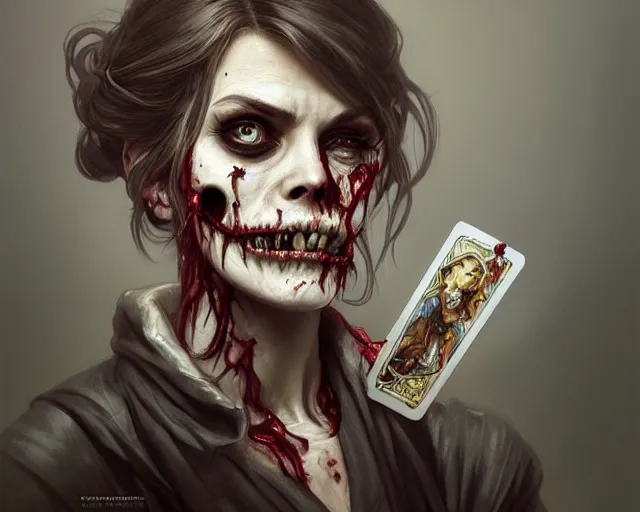 Prompt: formal portrait of a zombie. they are an animal trainer, and would like to be portrayed crouching in an attic room, deep focus, d & d, fantasy, intricate, elegant, highly detailed, digital painting, artstation, concept art, matte, sharp focus, illustration, hearthstone, art by artgerm and greg rutkowski and alphonse mucha