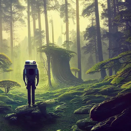 Image similar to A astronaut gazing upon an amazing alien forest landscape, digital art, breathtaking, golden ratio, extremely detailed, establishing shot, hyperrealistic, cinematic lighting, particles, unreal engine, simon stålenhag, rendered by Beeple, Makoto Shinkai, syd meade, simon stålenhag, Ruan Jia, Kentaro Miura, environment concept, artstation, octane render, 8K UHD image