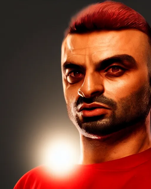 Image similar to Michael Mando as Nacho Varga in red shirt, backlit portrait, black background, cinematic lighting, atmospheric, digital artwork, best of artstation