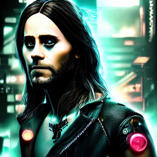 Prompt: jared leto portrait, cyberpunk 2 0 7 7, cyberpunk jackie welles, photorealistic, ultra detailed, neon, octane, bokeh, cinematic lighting, cyber, cyberpunk city, studio quality, feature, scars, cyberface, 8 k