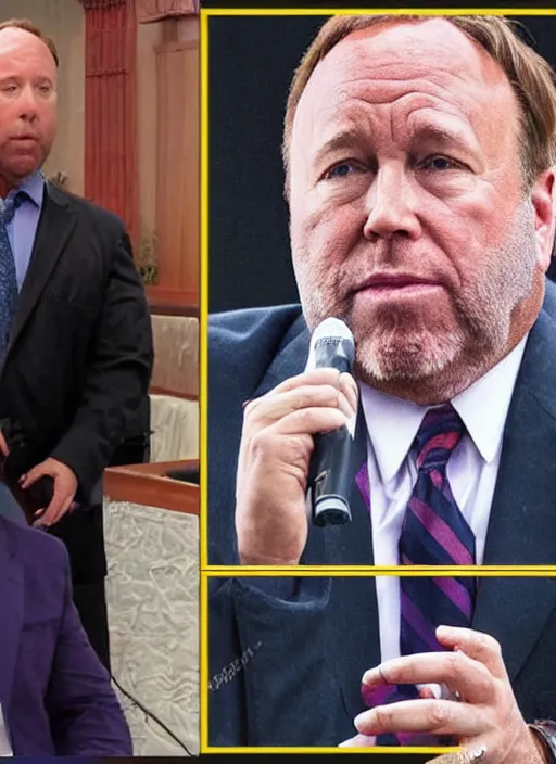 Prompt: photoreal old alex jones on the stand in court by lisa frank, realistic, 8k