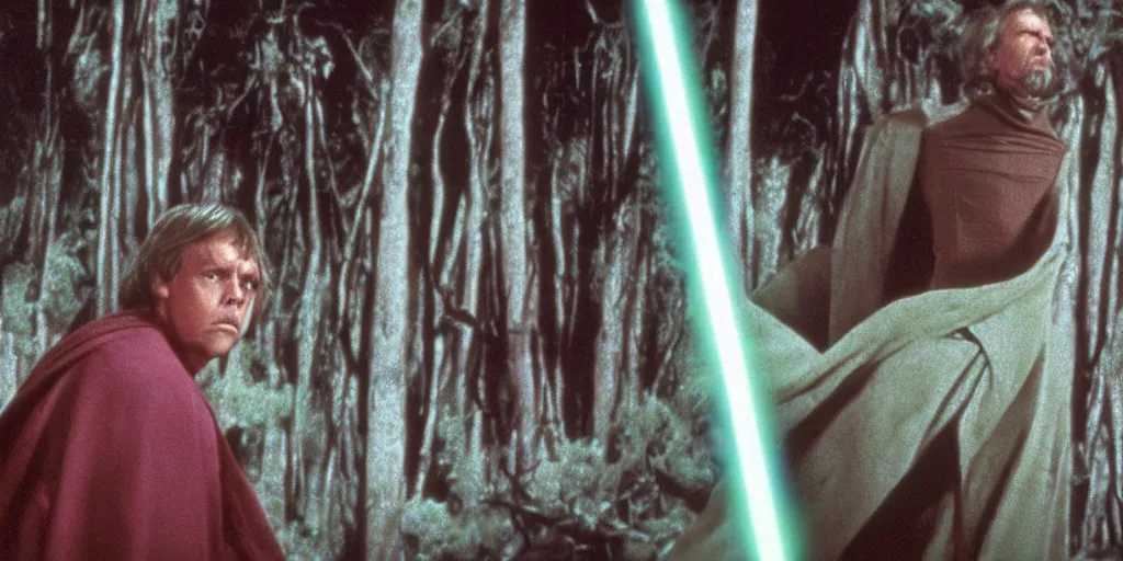 Image similar to screenshot from the film Star Wars The Lost Jedi 1982, of Luke Skywalker in dark jedi robe is lost on a surreal pink planet with black trees, minamilist 1980s sci fi film by Stanely Kubrick film, color kodak, Ektachrome, anamorphic lenses, detailed faces, hyper-realistic, photoreal, detailed portrait, moody award winning cinematography, beautiful lighting