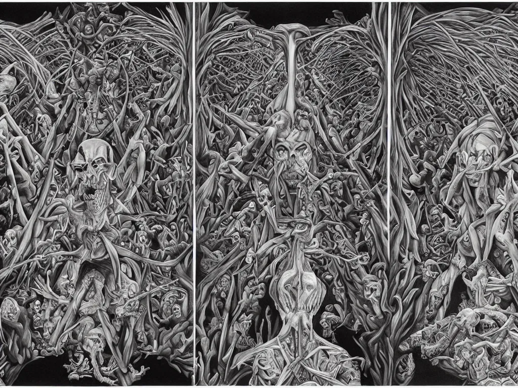 Image similar to transformation through death by Alex Grey and M. C. Escher collaboration