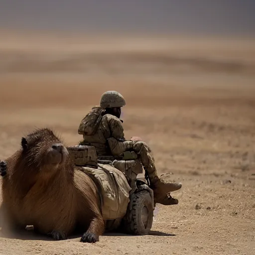 Image similar to cinematic shot of a u. s marine riding on the back of a giant capybara in afghanistan, 8 k, very detailed, very intricate,