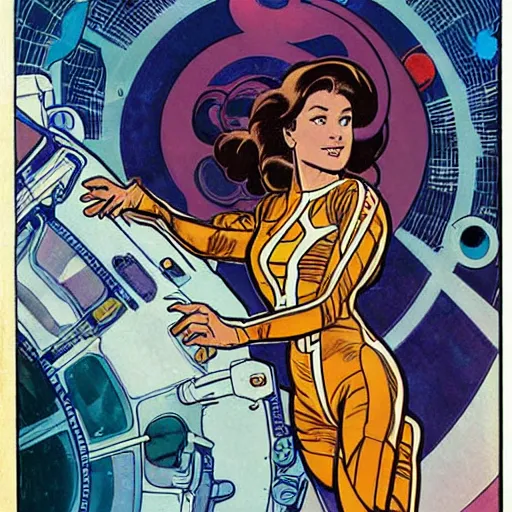 Image similar to a woman with straight brown hair, floating in space. she is an astronaut, wearing a space suit. well composed, clean elegant painting, beautiful detailed face. comic book art by steve ditko and jack kirby and ( alphonse mucha )