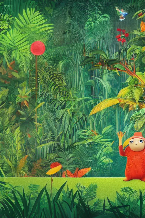 Image similar to rare bird in the jungle, hyper detailed, unreal engine render concept art, glitch, error, style of henri rousseau and richard scarry and hiroshi yoshida