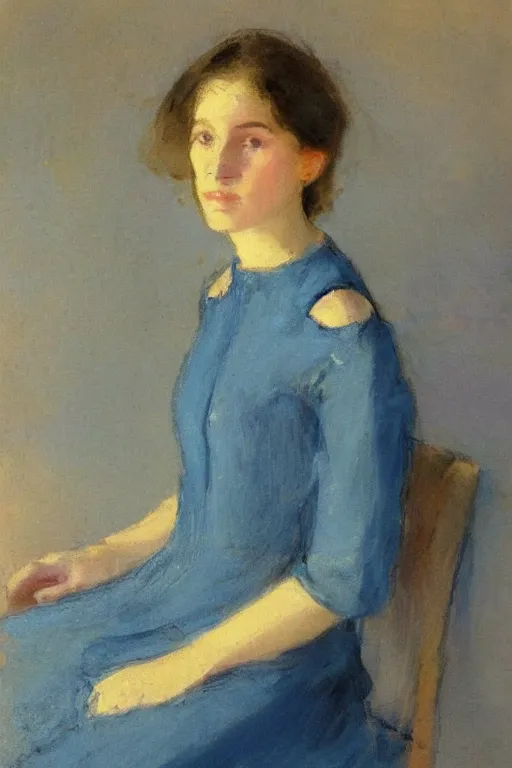 Image similar to portrait of a young woman in a blue dress by charles hawthorne, highly detailed, sharp focus, dramatic backlighting