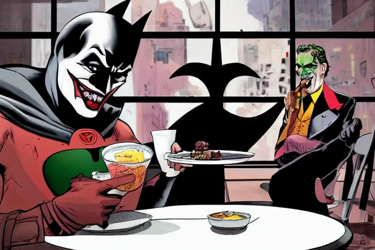 Image similar to portrait of Batman eating breakfast ，Next to the head of the joker is placed，By Emmanuel Lubezki