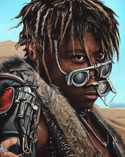 Image similar to juice wrld in dystopian raider mad max post apocalpytic, airbrush, drew struzan illustration art, key art, movie poster