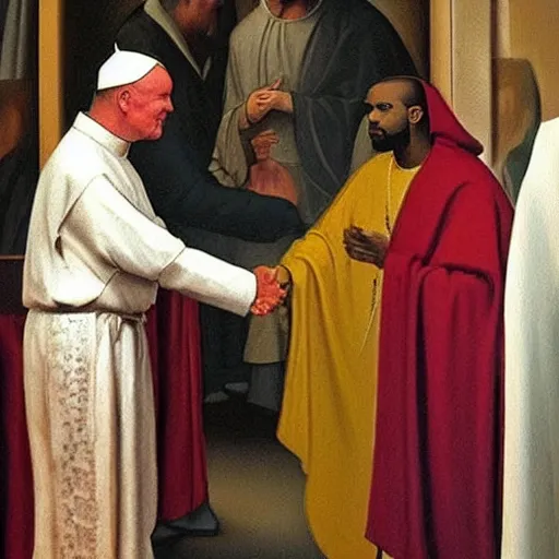 Image similar to a religious painting of john paul ii shaking hands with kanye west