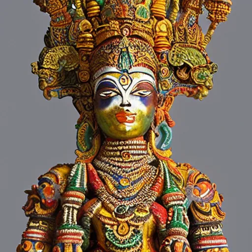 Image similar to a woman wearing an armor and head - dress. the armor and head - dress is made out of the colors, textures and sculptures of the meenakshi temple in madurai. intricate. detailed.