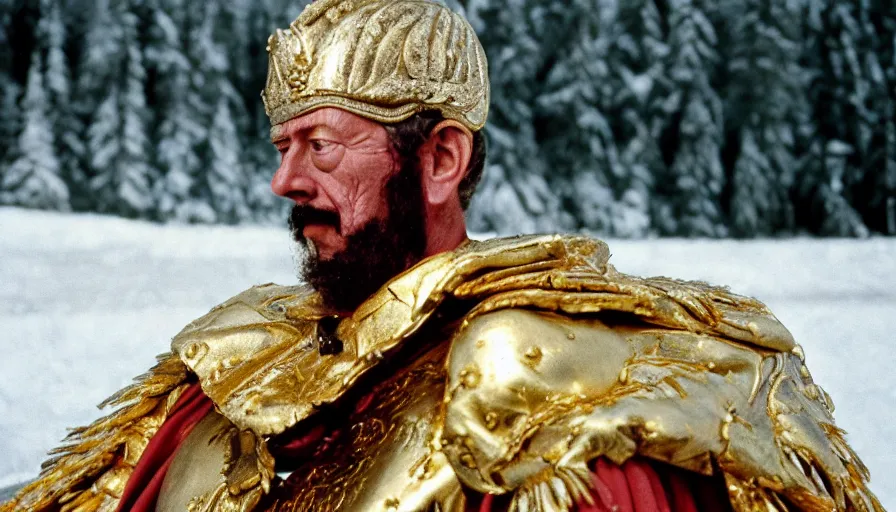 Prompt: 1 9 6 0 s movie still close up of marcus aurelius wearing a gold chestplate and a cape frozen to death under the snow by the side of a river with gravel, pine forests, cinestill 8 0 0 t 3 5 mm, high quality, heavy grain, high detail, texture, dramatic light, anamorphic, hyperrealistic, detailed hair, foggy