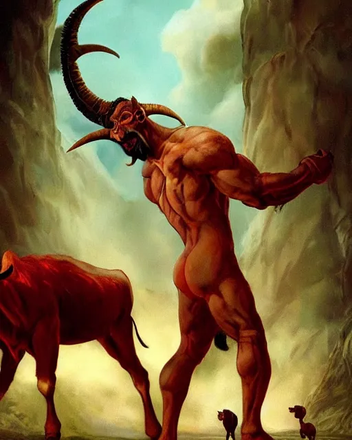 Image similar to a red skinned highly muscular devil satyr with goat legs, yellow goat eyes, long pointy chin, red face, and two huge water buffalo like black horns jutting out from the top of his large red head, in the style of darkness from the movie legend