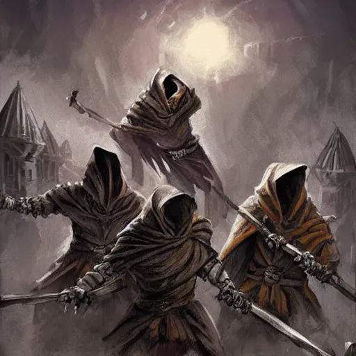 Prompt: dangerous skeletons wearing hoodies robes attacking a village at night, dnd, dramatic, fantasy art