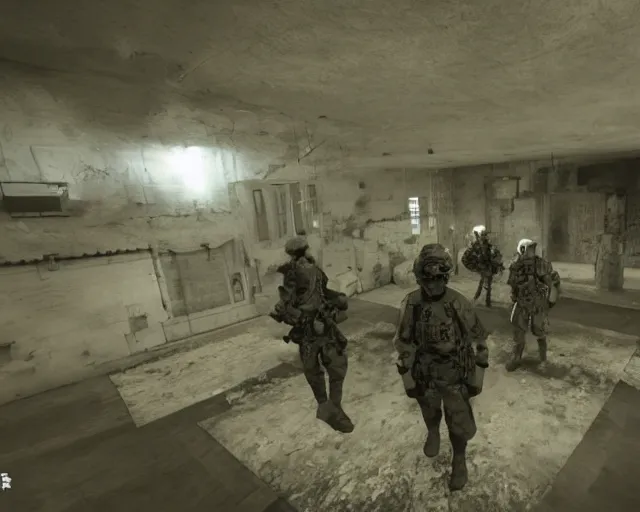 Image similar to game screenshot of a group of soldiers in an abandoned church, high exposure, dark, monochrome, camera, grainy, CCTV, security camera footage, timestamp, zoomed in, fish-eye lense, source engine footage, L4D screenshot, steam community