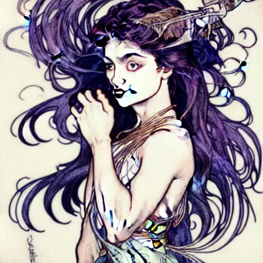 Image similar to in the style of artgerm, arthur rackham, alphonse mucha, phoebe tonkin, symmetrical eyes, symmetrical face, flowing blue skirt, hair blowing, full body, intricate filagree, hidden hands, warm colors, cool offset colors