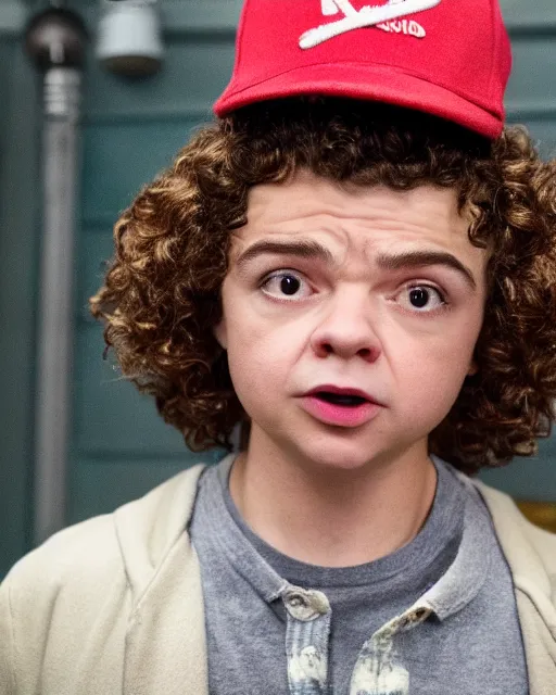 Image similar to a still of dustin henderson gaten matarazzo wearing a cap as a muppet in stranger things. highly detailed felt. hyper real photo. 4 k.