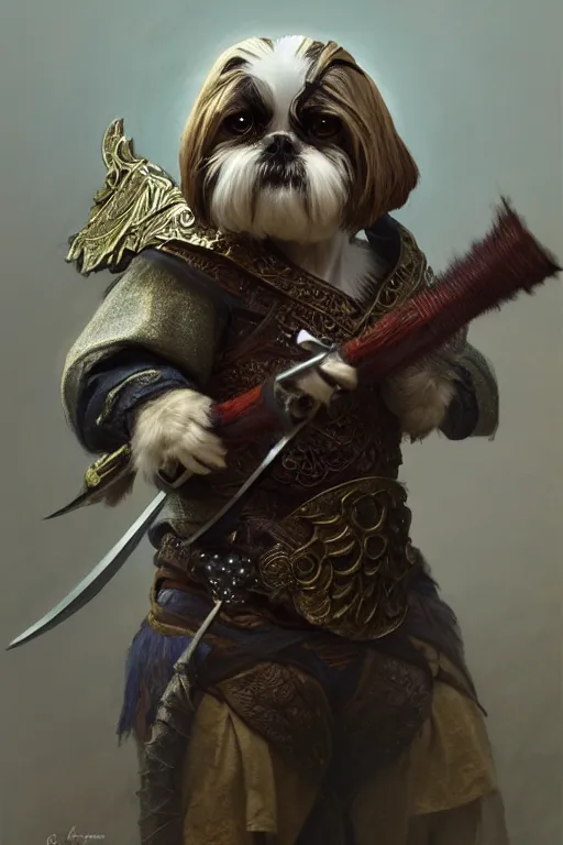 Prompt: a anthropomorphic shih - tzu warrior, diffuse lighting, fantasy, intricate, elegant, highly detailed, lifelike, photorealistic, digital painting, artstation, illustration, concept art, smooth, sharp focus, naturalism, trending on byron's - muse, by greg rutkowski and greg staples and alphonse mucha