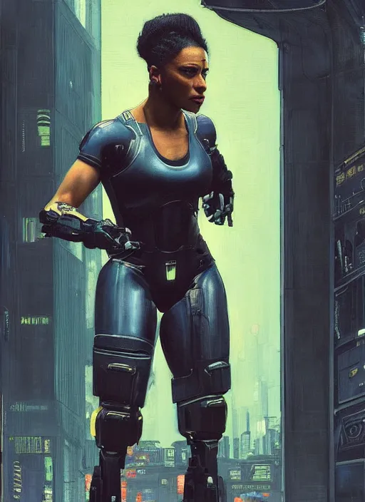 Image similar to Maria Igwe. Buff Cyberpunk policewoman with robotic legs. (Cyberpunk 2077, bladerunner 2049). beautiful face. Iranian orientalist portrait by john william waterhouse and Edwin Longsden Long and Theodore Ralli and Nasreddine Dinet, oil on canvas. Cinematic, vivid colors, hyper realism, realistic proportions, dramatic lighting, high detail 4k