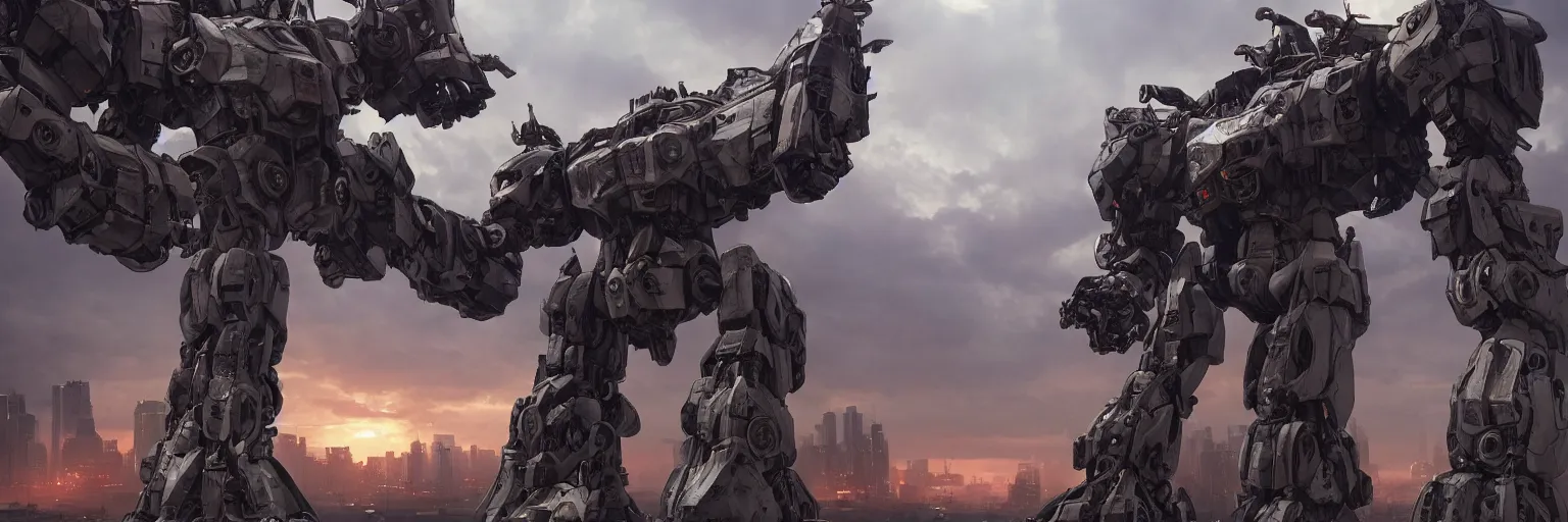 Image similar to a beautiful hyperrealistic ultradetailed 3D render of a gigantic mecha standing behinder the city, by brian sum and stephen martiniere and Antonio Manzanedo. mech, dragon, unreal engine, octane render, PBR, 3D, brilliantly colored, intricate, wide angle, volumetric lighting, polished, path tracing