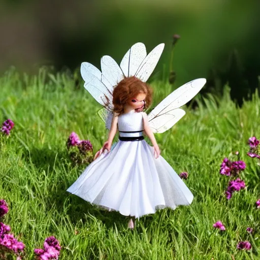 Prompt: little stormtrooper winged fairies, flying around the flowers in a sunny meadow