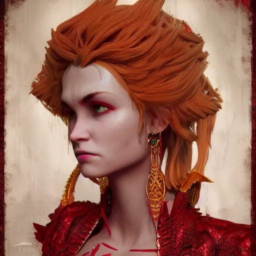 Image similar to minagho, pathfinder wrath of the righteous, demon girl, gorgeous, ornate dashing red garments, earrings, perfect symmetry face, intricate portrait, red dress, ashen blonde hair, 8 k resolution, volumetric lighting, trending on art station, magic realism, octane rendering, unreal engine 5