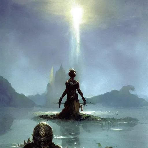 Prompt: a fantasy illustration of a hand holding a sword emerging from a lake, lady of the lake, by james gurney, craig mullins and frank frazetta