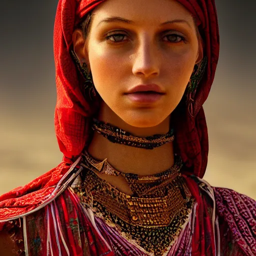 Image similar to portrait of a stunningly beautiful middle eastern tribal female, depth of field, zeiss lens, detailed, symmetrical, centered, fashion photoshoot, by Annie Leibovitz and Steve McCurry, David Lazar, Jimmy Nelsson, Breathtaking, 8k resolution, extremely detailed, beautiful, establishing shot, artistic, hyperrealistic, beautiful face, octane render